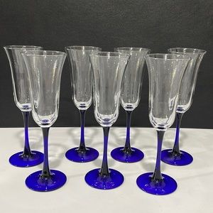 Cristal D'Arques Durand Americana Blue Crystal Fluted Champagne Glasses set of 7